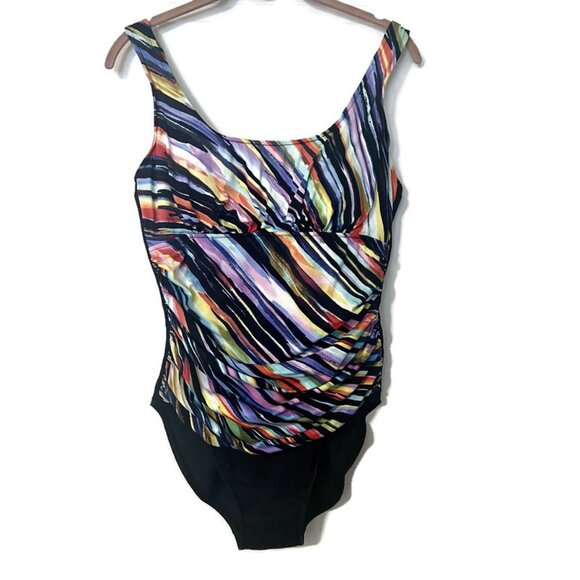 Miraclesuit Ruched Watercolor Striped One Piece Swimsuit Black Size M - Picture 1 of 9